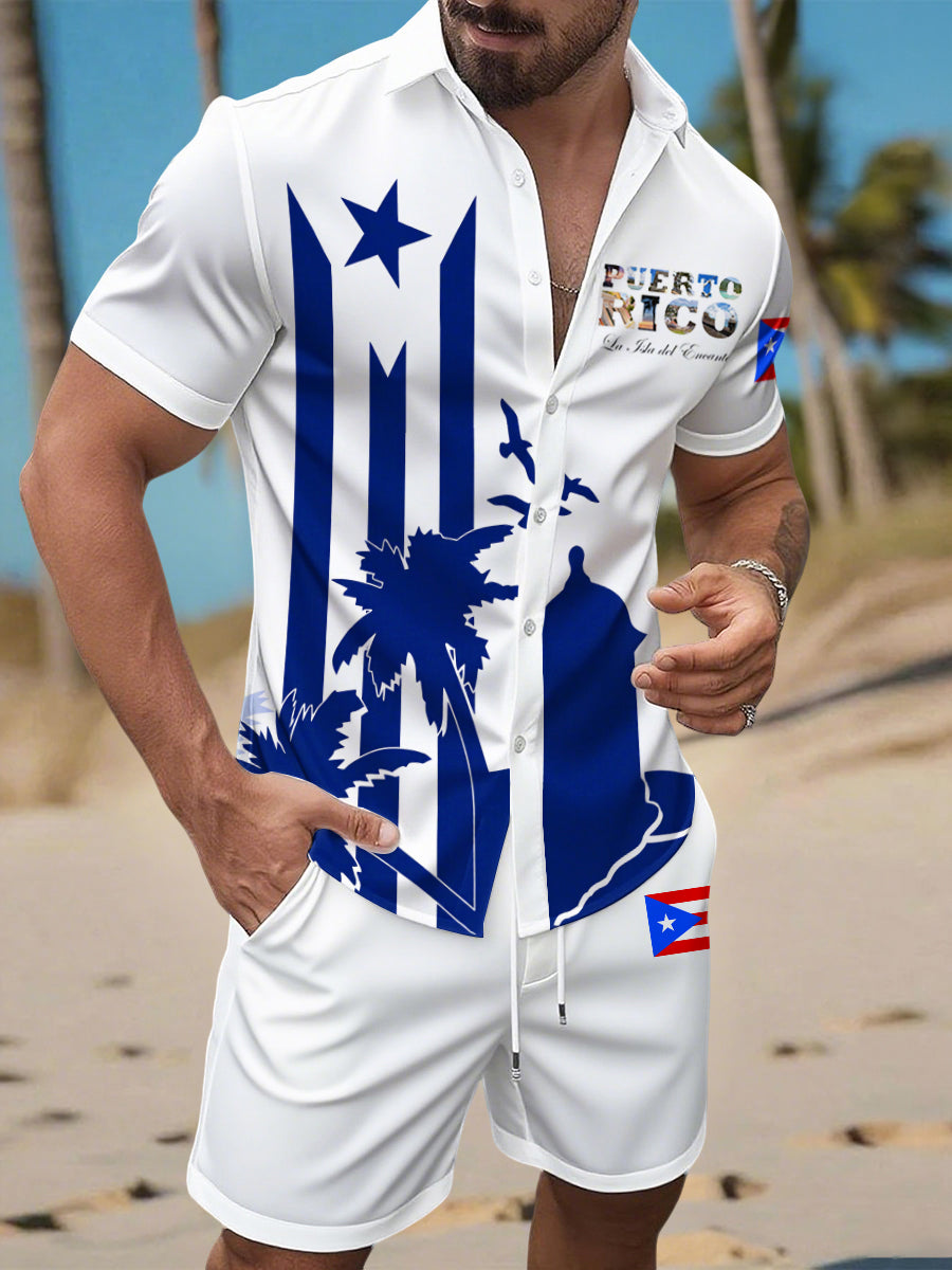 Men's Puerto Rico Print Vacation Shirt And Shorts Set