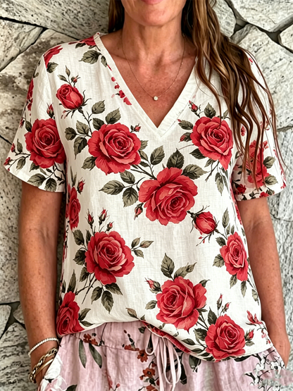 Women's Rose Print linen short-sleeved T-shirt