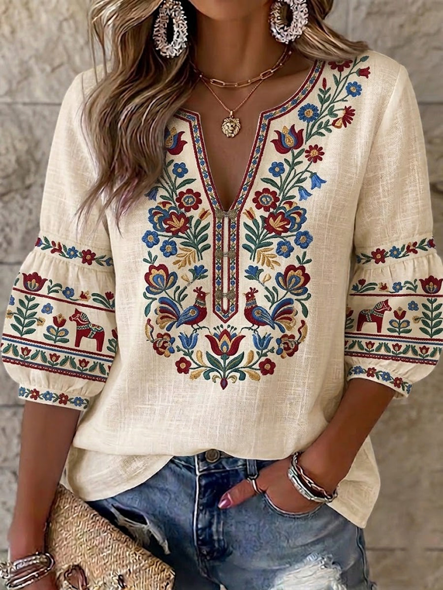 Women's Retro Swedish Midsummer Folk Floral Cotton-Linen Blouse