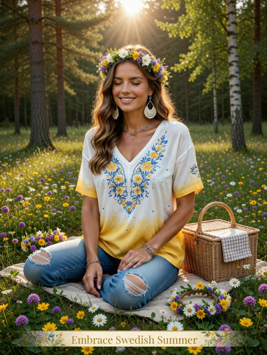 Women's Swedish Midsummer Festival Commemorative Art Print V-Neck T-Shirt