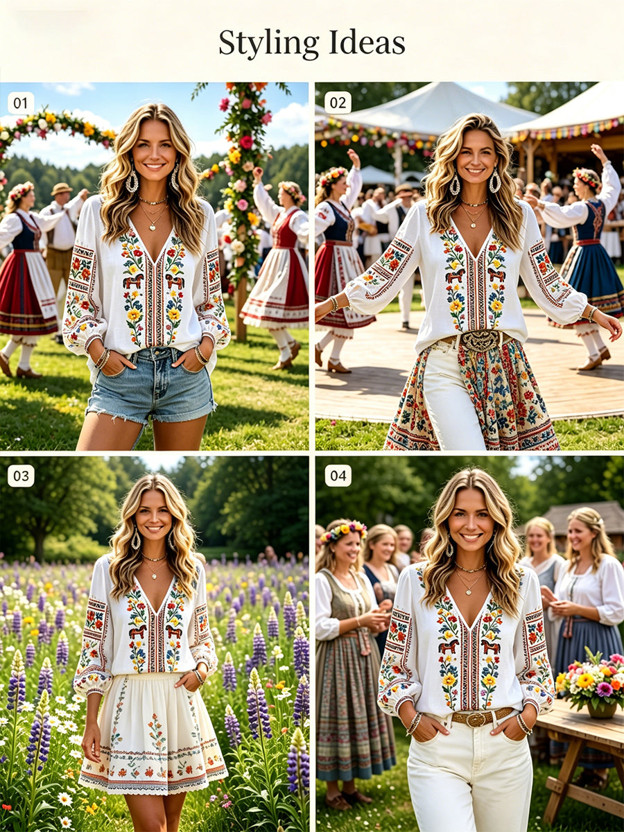Women's Midsummer-Themed V-Neck Top With Puff Sleeves