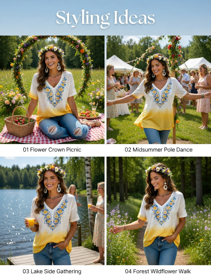 Women's Swedish Midsummer Festival Commemorative Art Print V-Neck T-Shirt