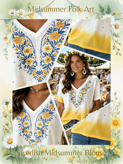 Women's Swedish Midsummer Festival Commemorative Art Print V-Neck T-Shirt