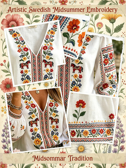 Women's Midsummer-Themed V-Neck Top With Puff Sleeves