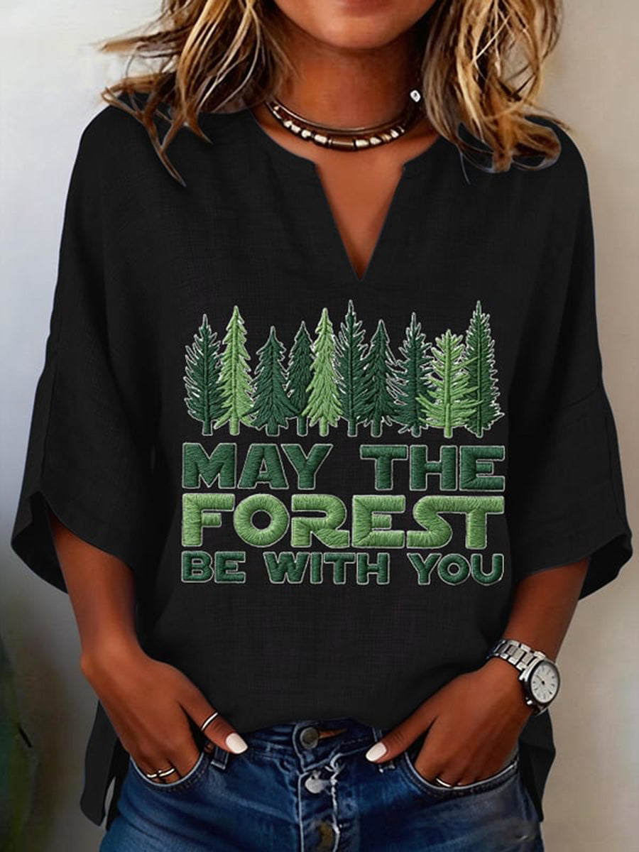 Women's May The Forest Be With You Printed V-Neck Shirt