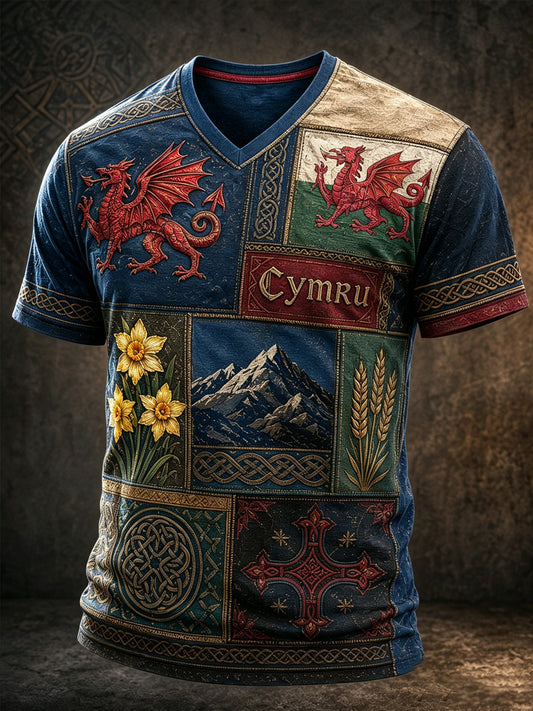 Men's Welsh Cultural Element Art Print V-Neck T-Shirt