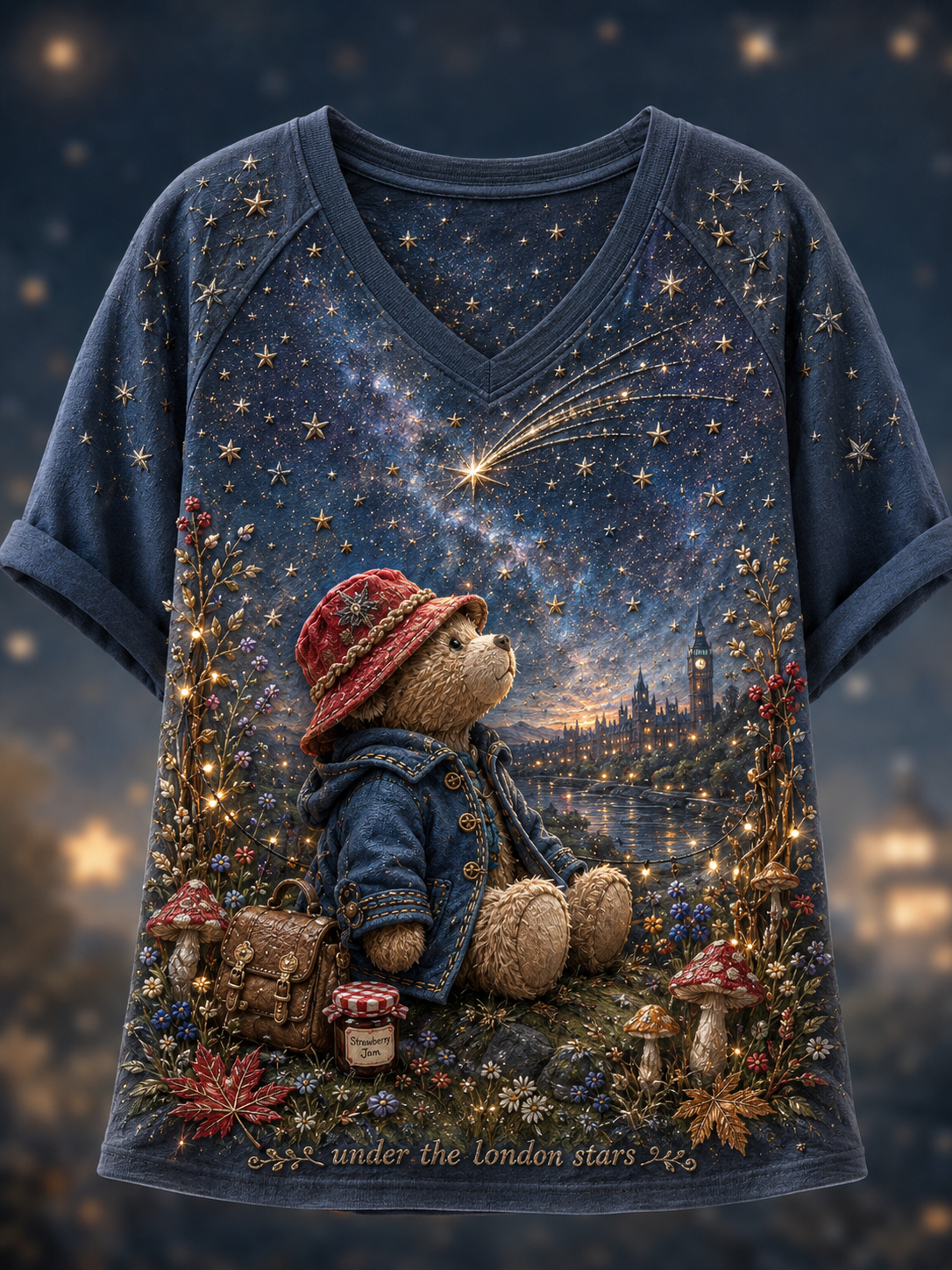 Women's Paddington Bear V-Neck Off-Shoulder Short-Sleeved T-Shirt