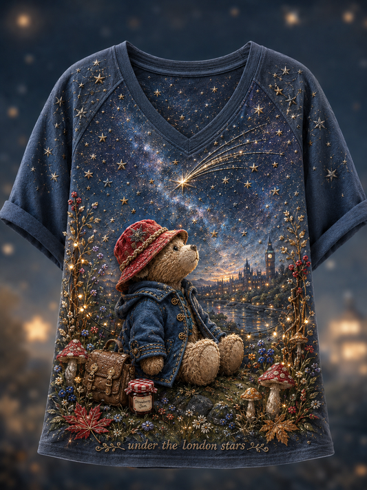 Women's Paddington Bear V-Neck Off-Shoulder Short-Sleeved T-Shirt