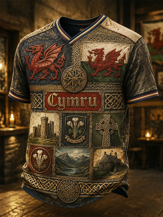 Men's Welsh Red Dragon Printed V-Neck T-Shirt