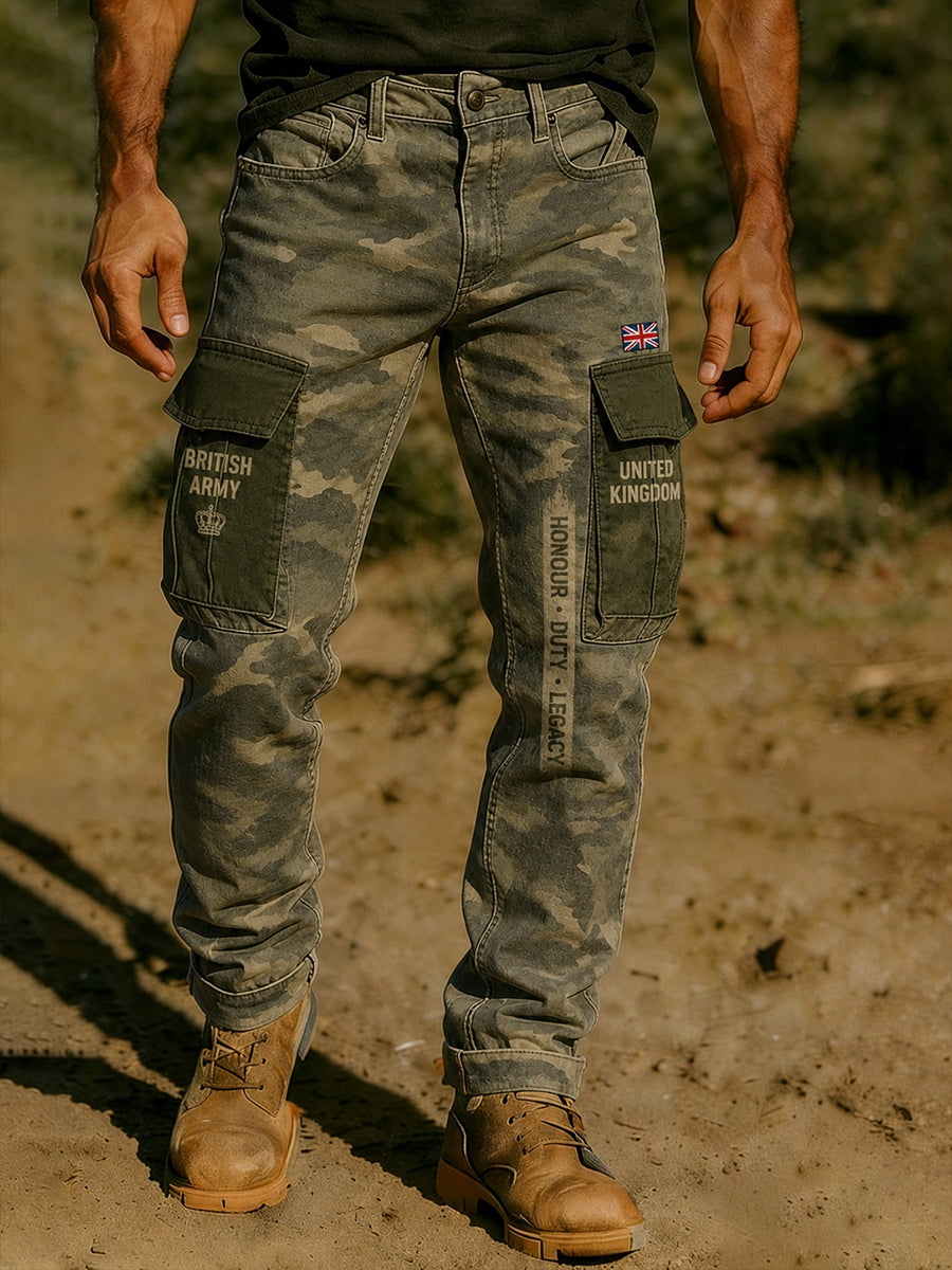 Men's Long Cargo Pants With Military-Inspired Graphic Print