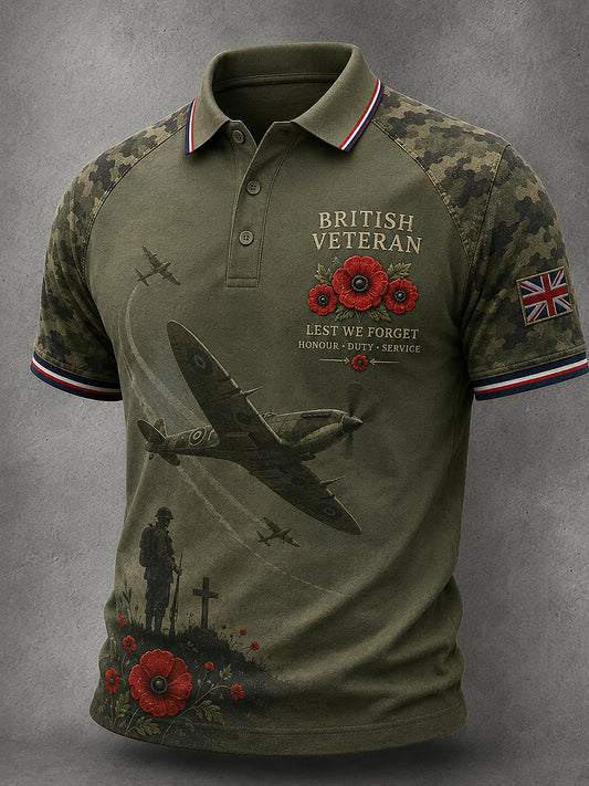 Men's Short-Sleeve Polo Shirt with Vintage Military Veteran Commemorative Print