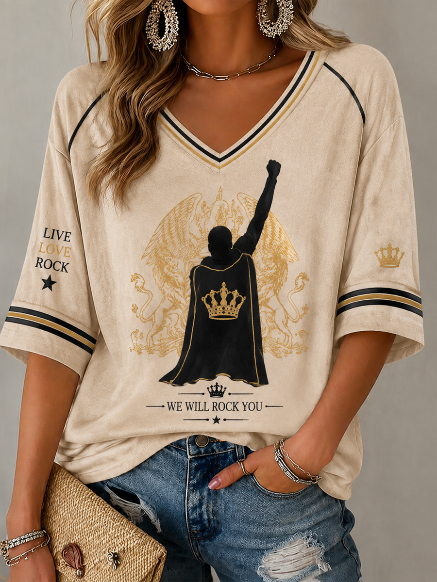 Women's UK Music Lover Q Art Printed Mid-length Sleeves V-Neck T-Shirt