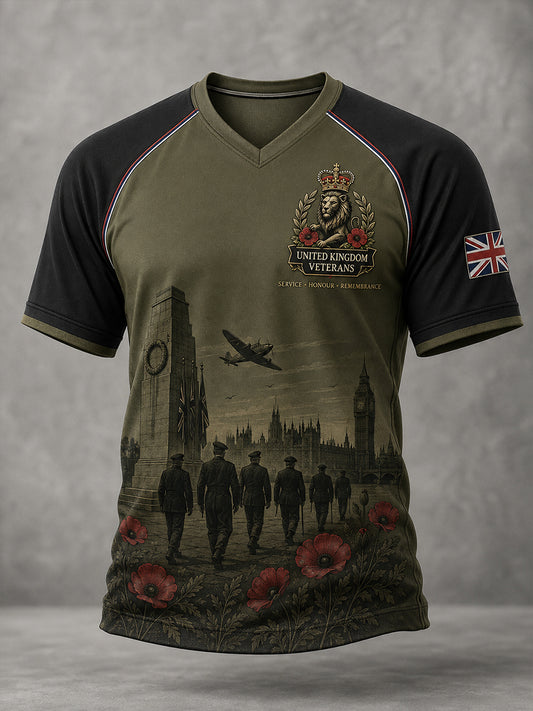 Men's Vintage Military-Print Raglan-Sleeve V-Neck T-Shirt