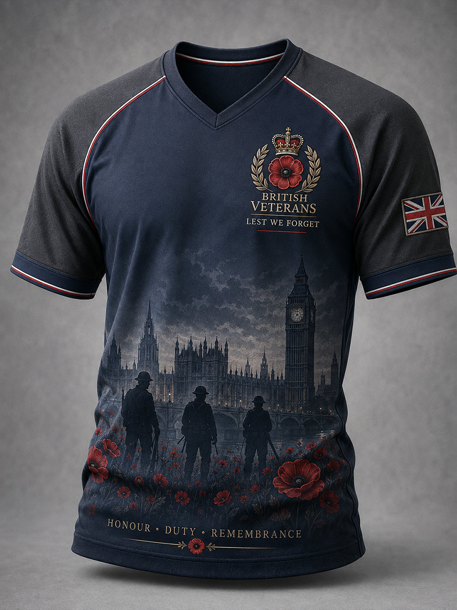 Men's Vintage Military-Print Raglan-Sleeve V-Neck T-Shirt