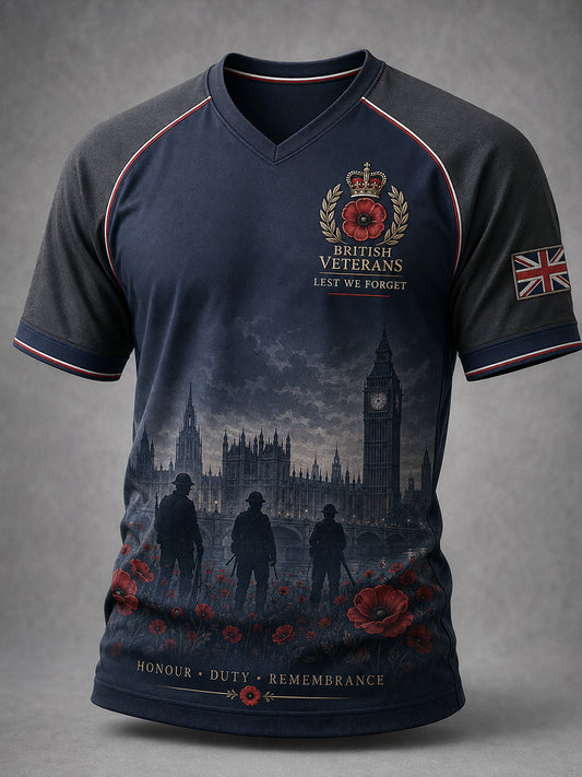 Men's Vintage Military-Print Raglan-Sleeve V-Neck T-Shirt