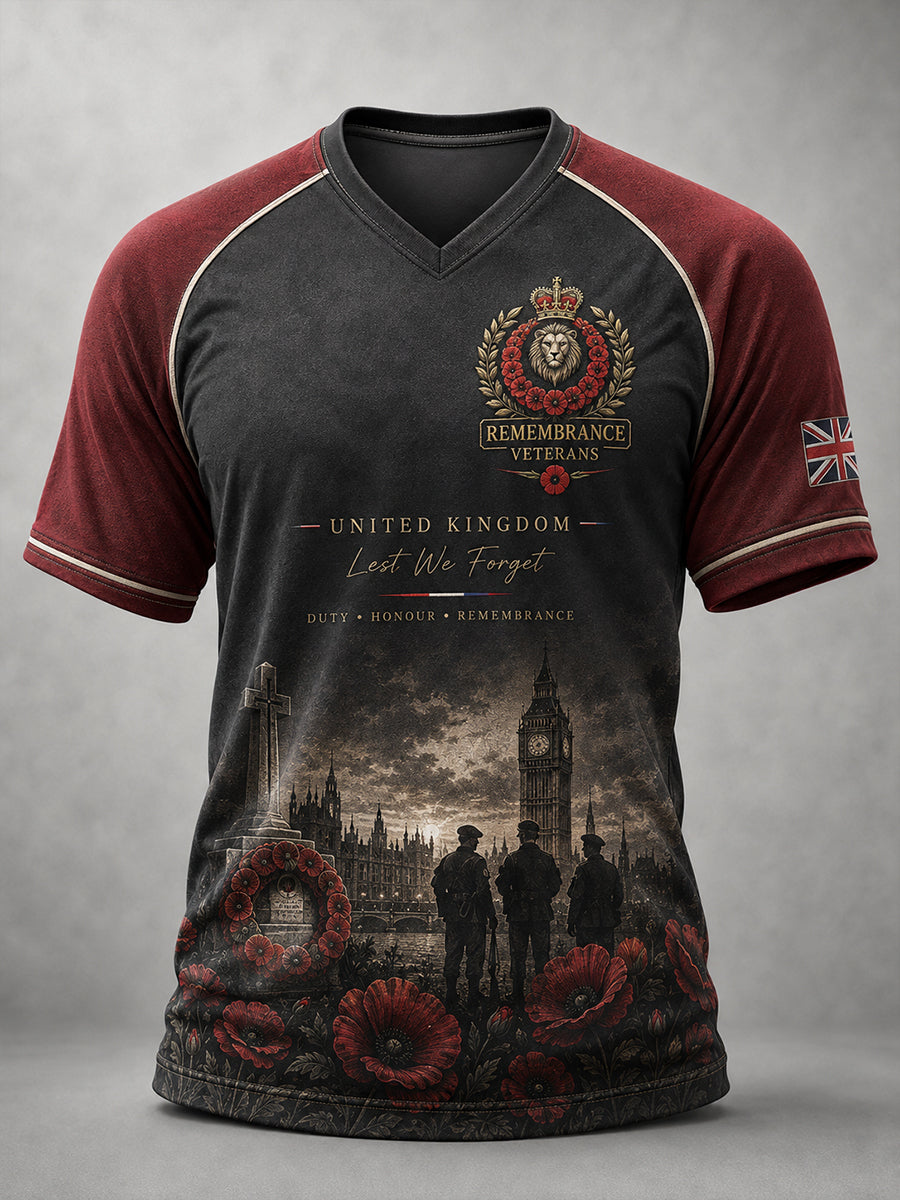Men's Vintage Military-Print Raglan-Sleeve V-Neck T-Shirt