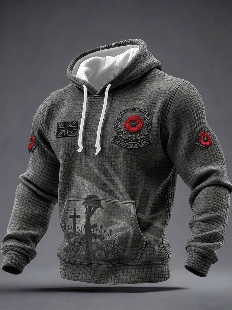 Men's Lest We Forget Print Checkered Cotton Hoodie