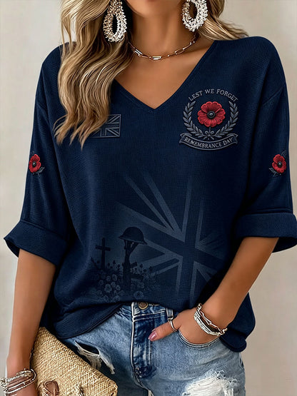 Women's Lest We Forget Print Mid-length Sleeves V-Neck T-Shirt