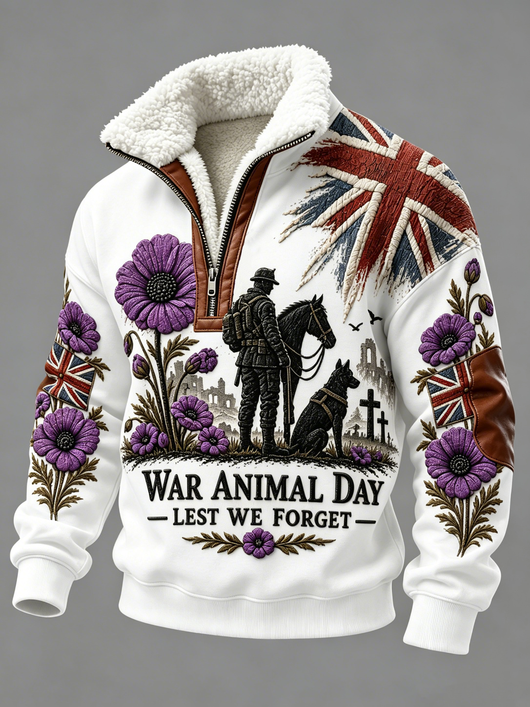 Men's Remembering The Animals Of War Plush Stand Collar Shirt