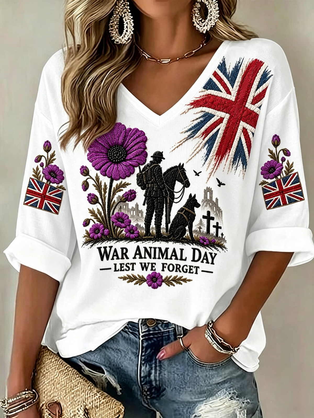 Women's Remembering The Animals Of War Mid-length Sleeves V-Neck T-Shirt
