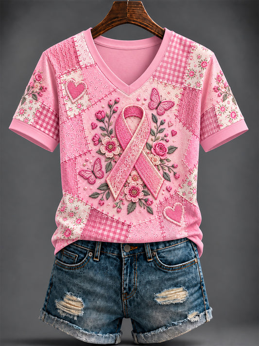 Women's Breast Cancer Pink Printed V-neck T-shirt