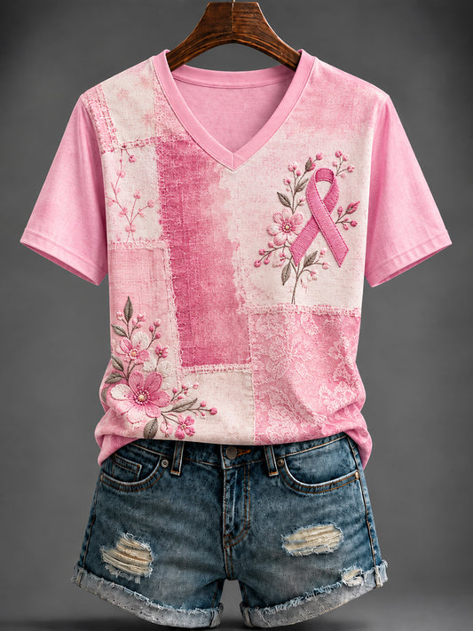 Women's Breast Cancer Pink Printed V-neck T-shirt