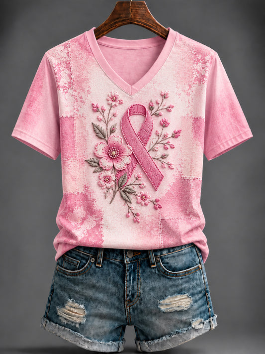 Women's Breast Cancer Pink Printed V-neck T-shirt