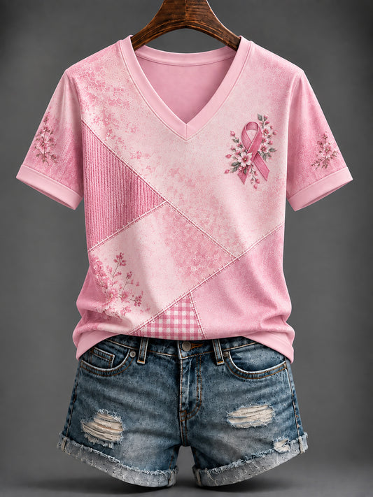Women's Breast Cancer Pink Printed V-neck T-shirt