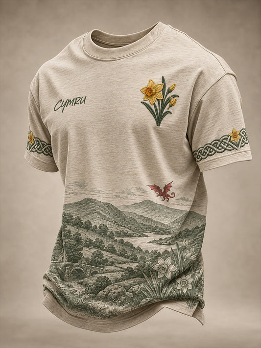Men's Vintage-Style Casual T-Shirt with Welsh Art Print