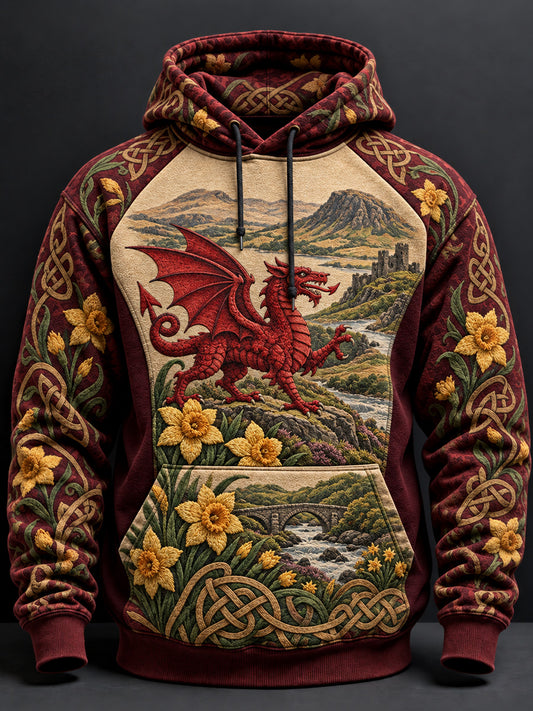 Men's Vintage-Style British Welsh Art Print Casual Hoodie