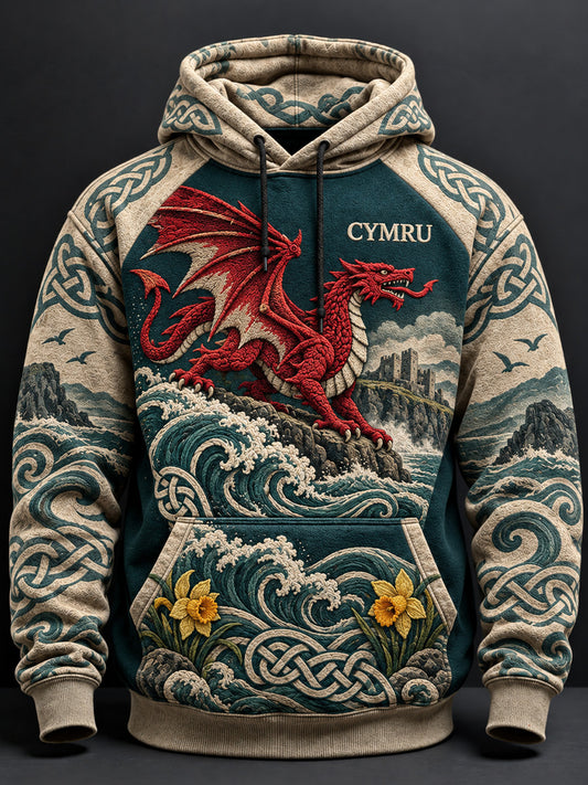 Men's Vintage-Style British Welsh Art Print Casual Hoodie