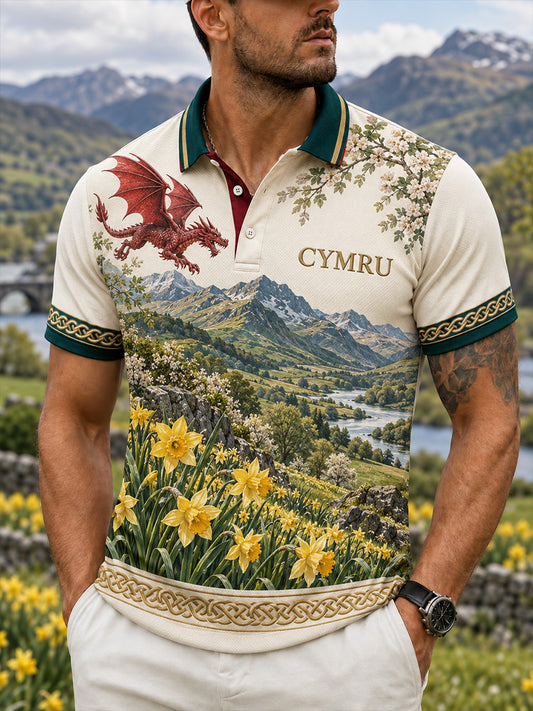 Men's Vintage-Style Casual Polo Shirt with British Welsh Art Print