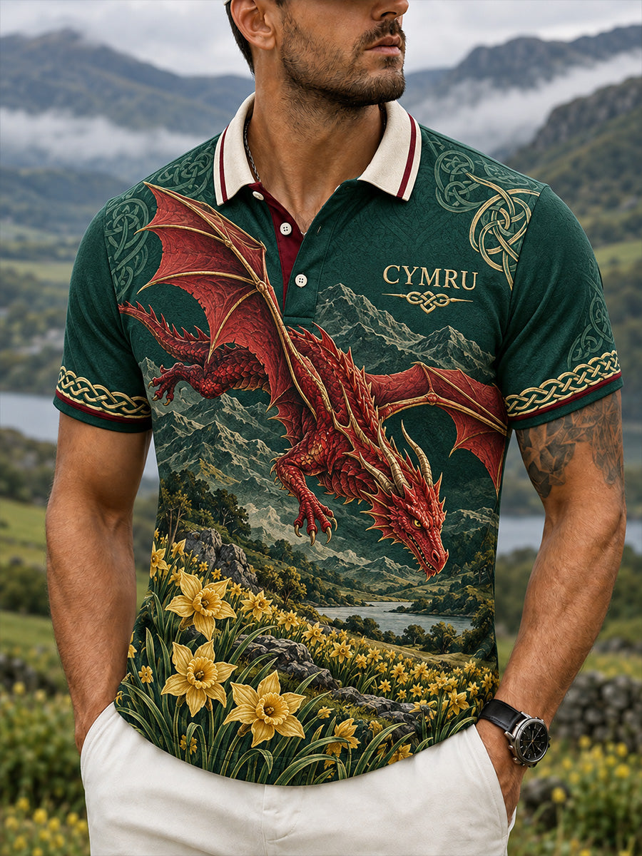 Men's Vintage-Style Casual Polo Shirt with British Welsh Art Print