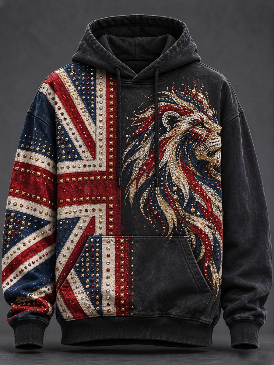 Men's British patchwork-style print Hoodie with Pockets
