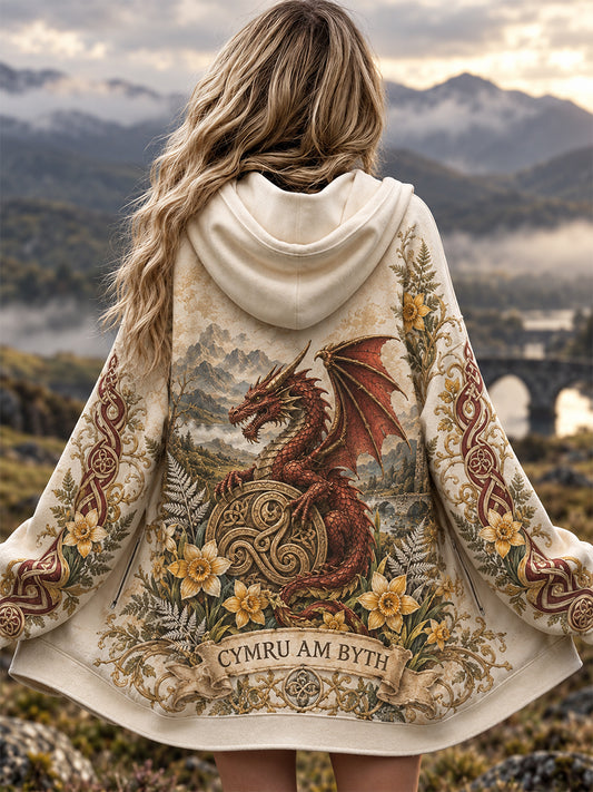 Women's Welsh Red Dragon Printed Zip-Up Hoodie