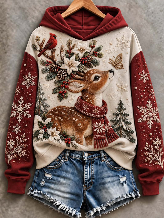 Women's Vintage Christmas Deer Art  Regular Hoodie