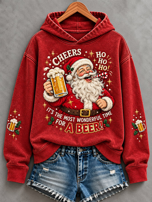 Women's Funny Christmas It‘s The Most Wonderful Time For A Beer! Santa Claus Print Casual Hoodie