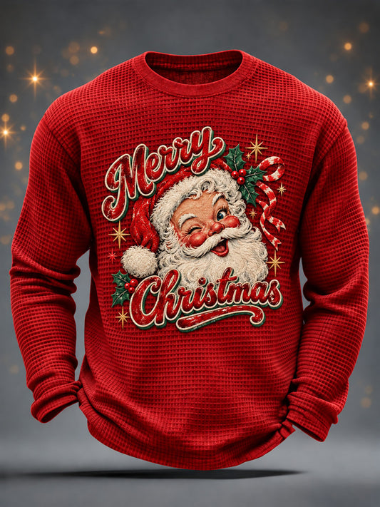 Men's Funny Christmas Santa Claus Print Casual Waffle Long Sleeve T-Shirt