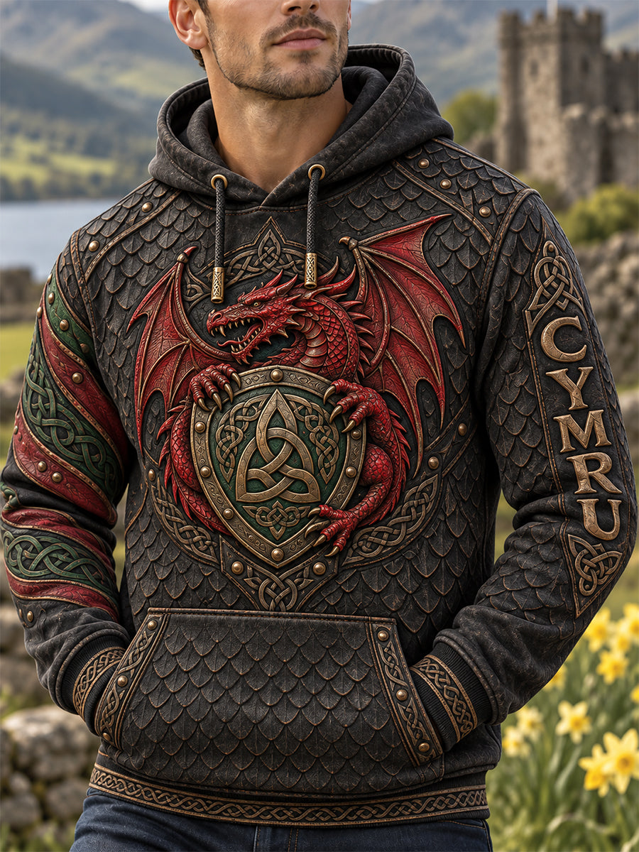 Men's Welsh Red Dragon Printed Hooded Sweatshirt