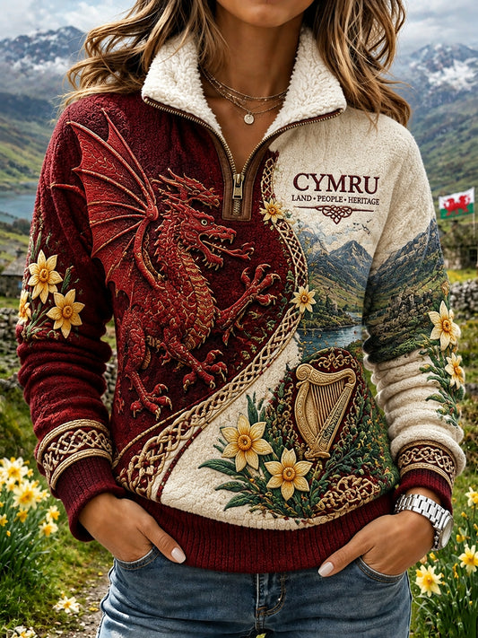 Women's Vintage British Wales Printed Fur-collar Sweatshirt