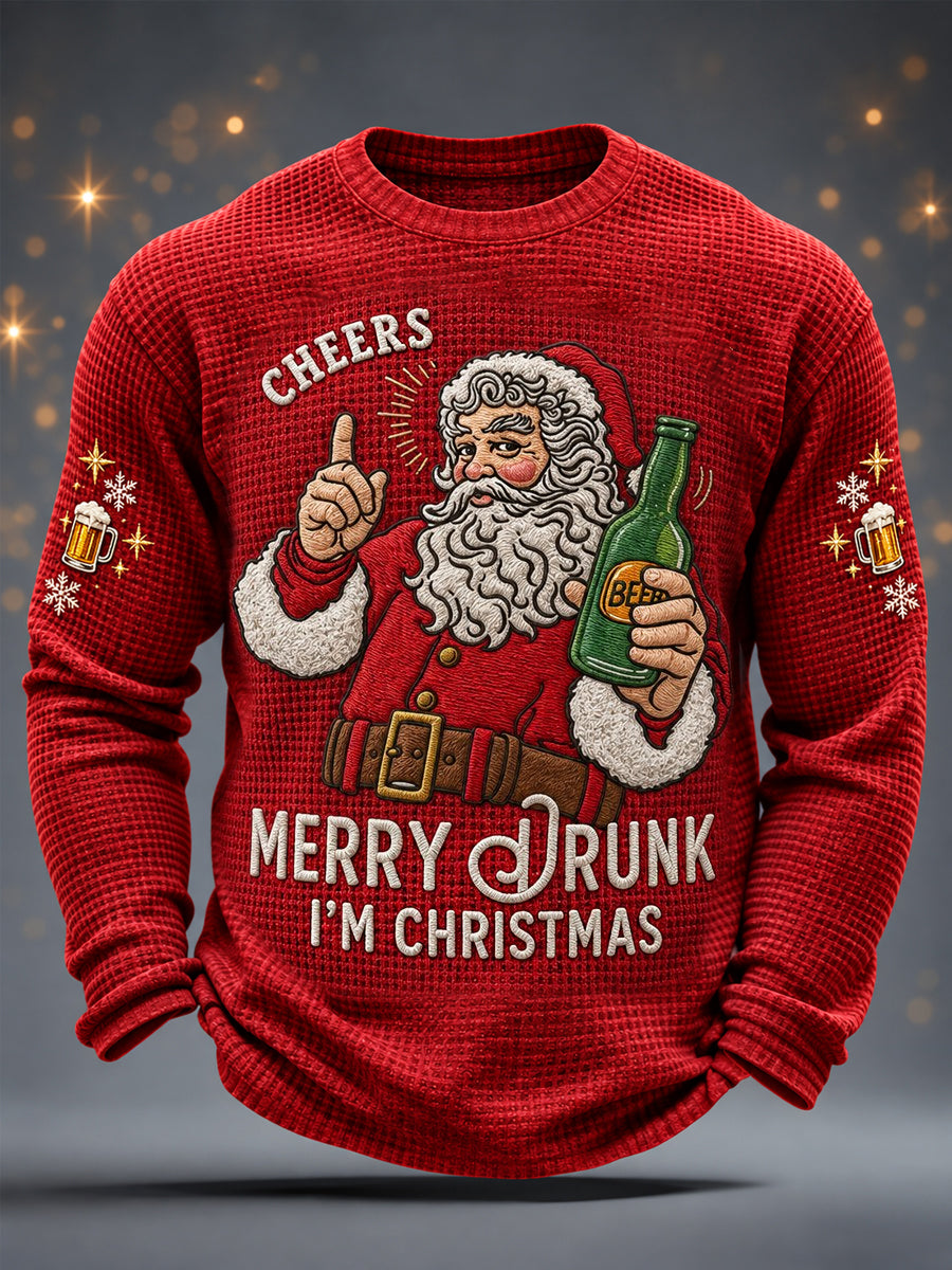 Men's Christmas Funny Santa Claus Cheers Print Casual Waffle Long Sleeve T-Shirt