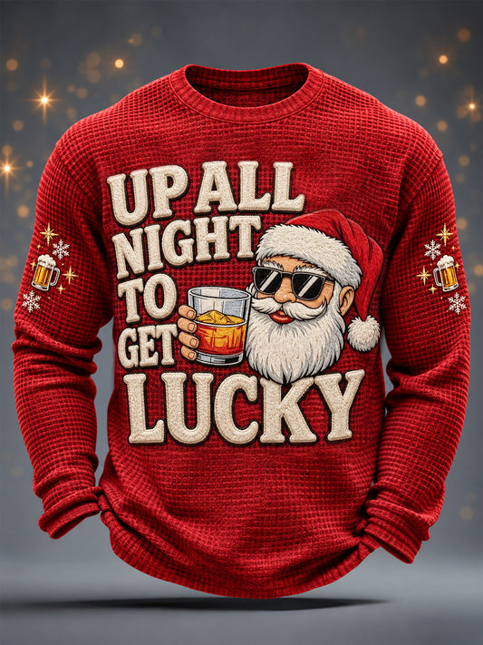 Men's Christmas Funny Santa Claus Up All Night To Get Lucky Beer Print Casual Waffle Long Sleeve T-Shirt