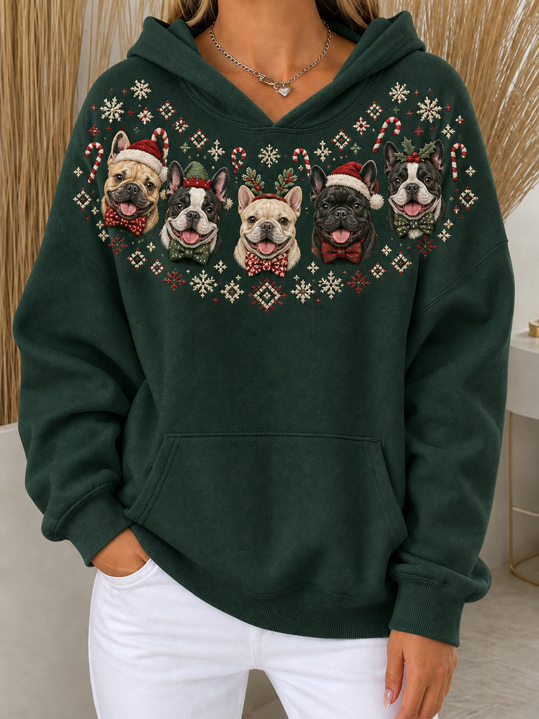 Women's Christmas-themed French Bulldogs pattern casual hoodie