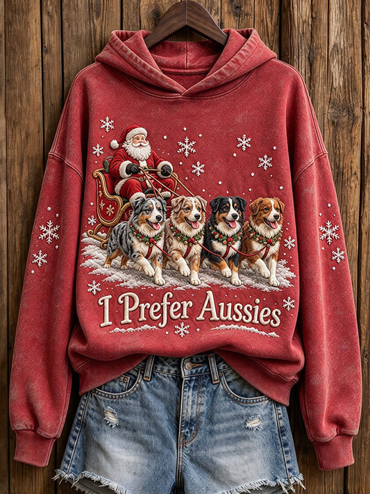 Women's Christmas I Prefer Aussies Santa Claus & Dogs Print Hoodie