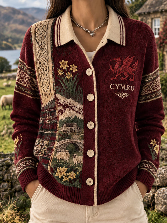 Women's Vintage British Wales Printed Cardigan Sweater