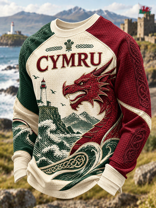 Men's Vintage British Wales Printed Waffle Sweatshirt