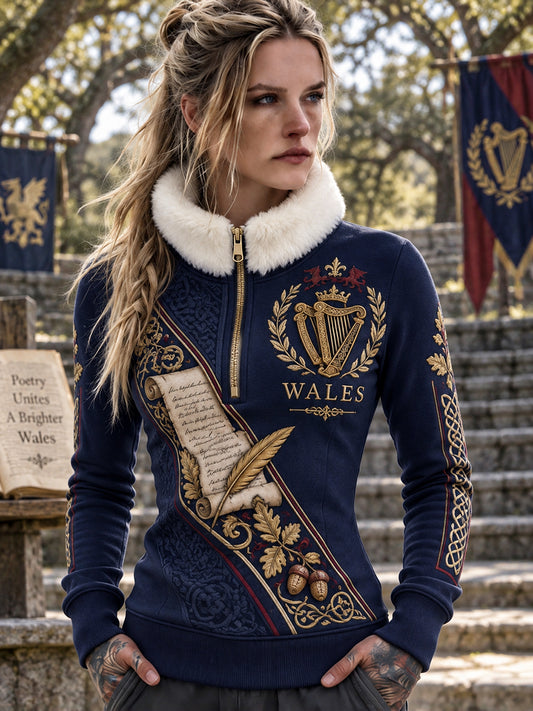 Women's Vintage British Wales Printed Fleece-Lined Zipper Sweatshirt