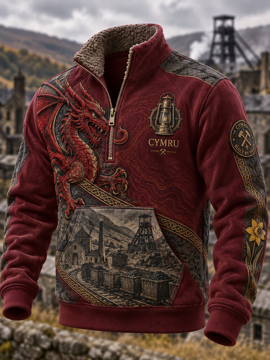 Men's Vintage British Wales Printed Plush Stand Collar Hoodie