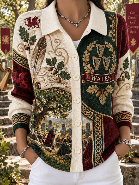 Women's Vintage British Wales Printed Cardigan Sweater