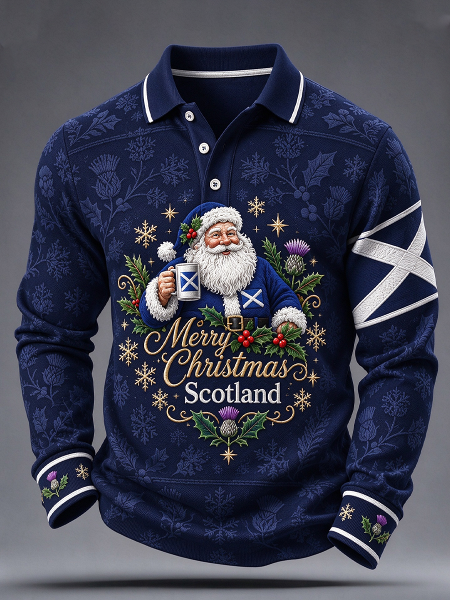 Men's Scottish Christmas Printed long sleeve polo